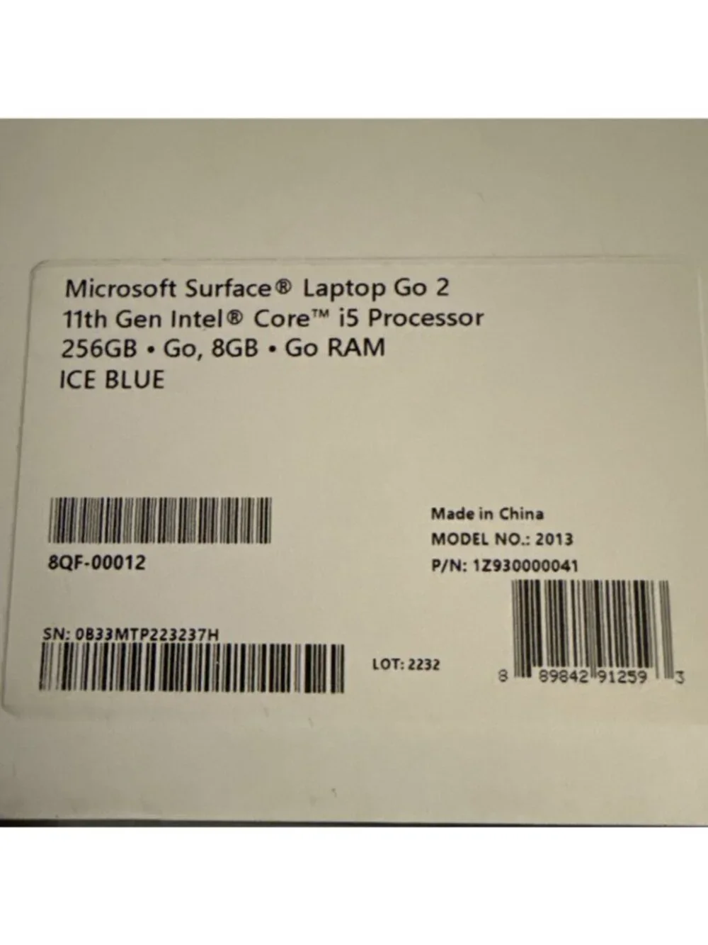 EMPTY BOX Microsoft Surface Laptop Go2 Windows 11 11th Gen i5 256GB Ice Blue